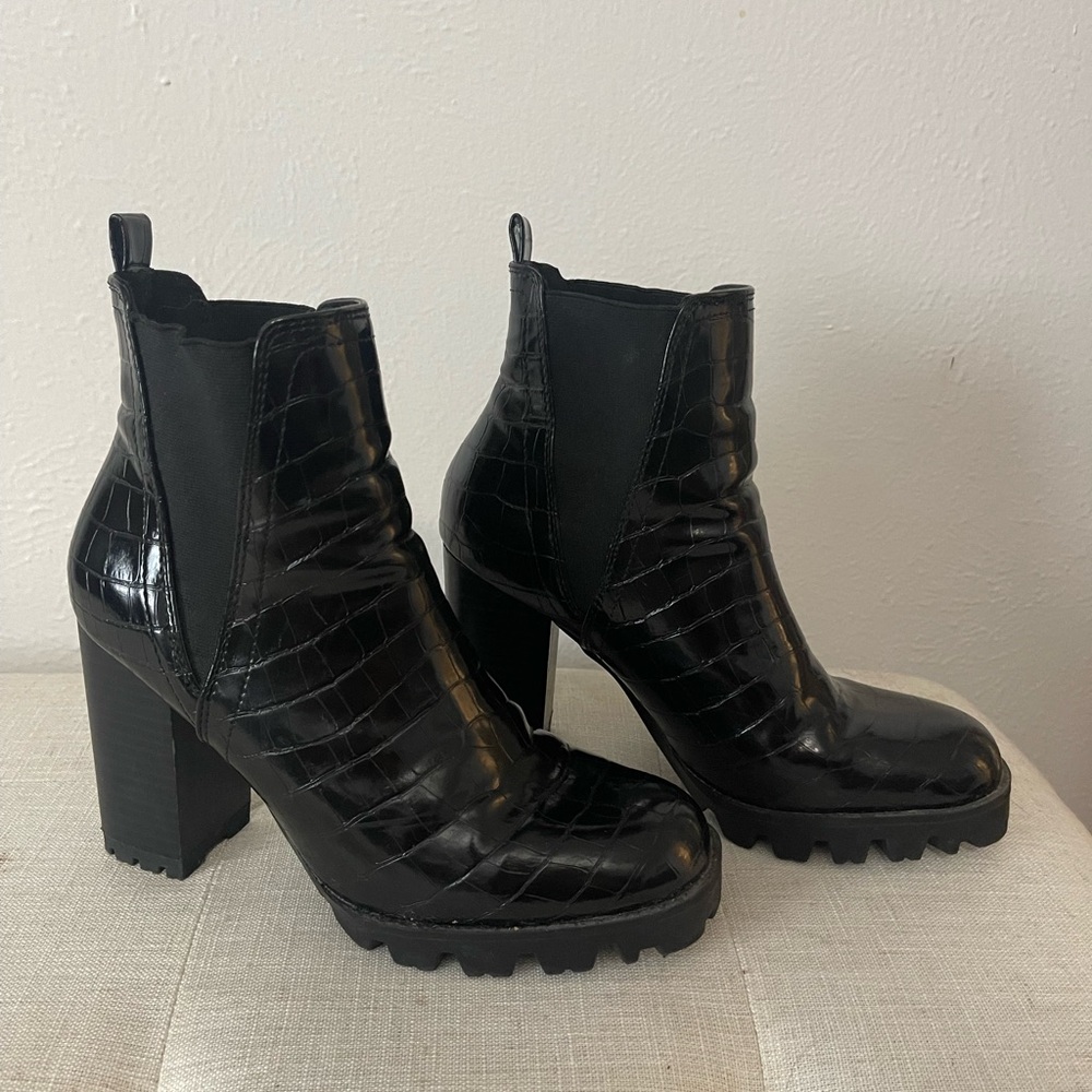 Black Croc-Embossed Ankle Boots